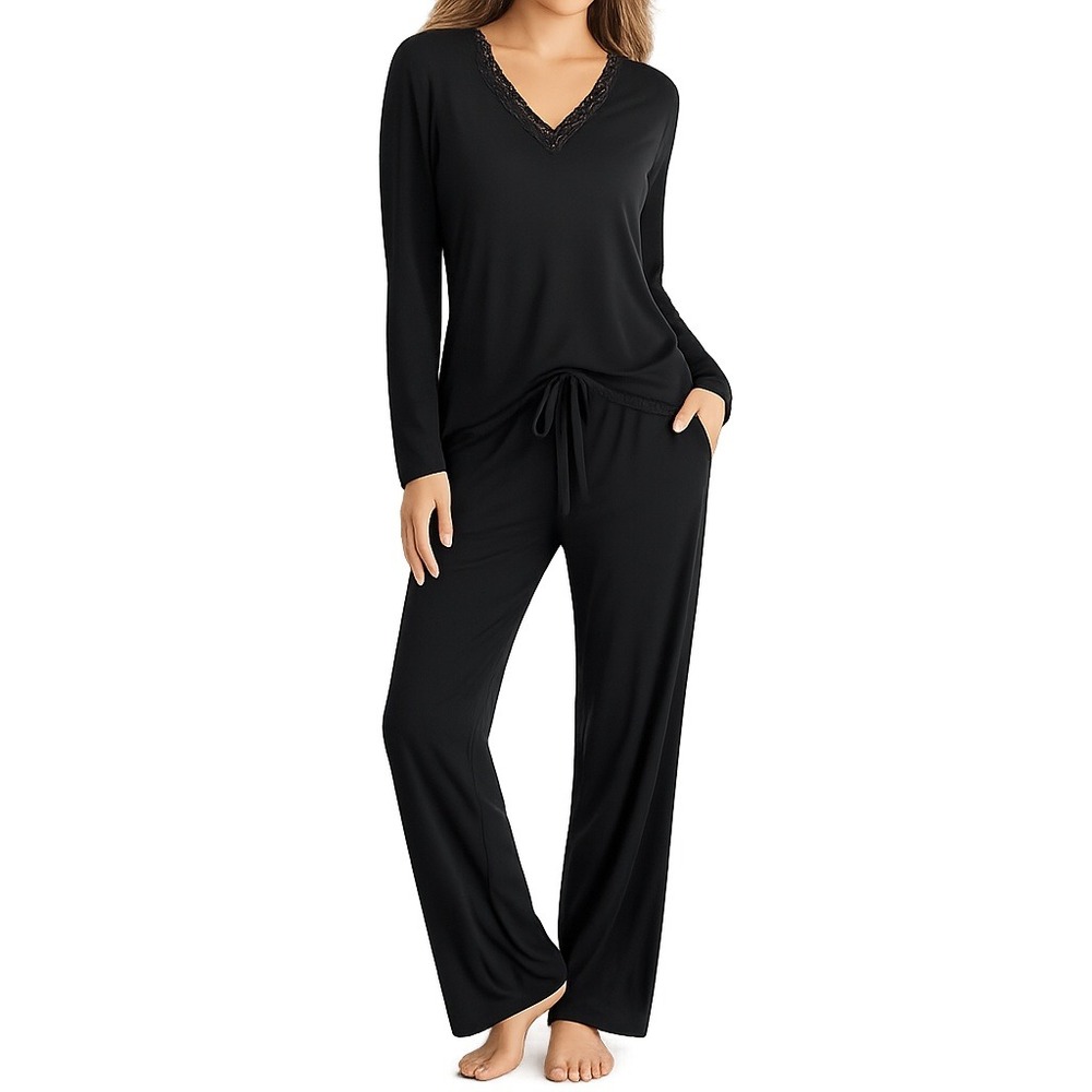 Natori Black Lace Trim Pajama Set Medium Lounge Sleepwear Modal Drawstring
